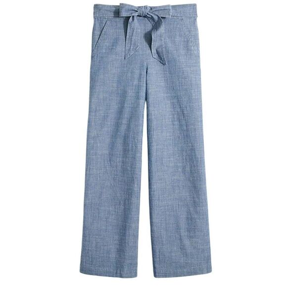 J. Crew Pants Women's 12 Blue Chambray Tie Waist Straight Leg Cotton - Picture 1 of 5